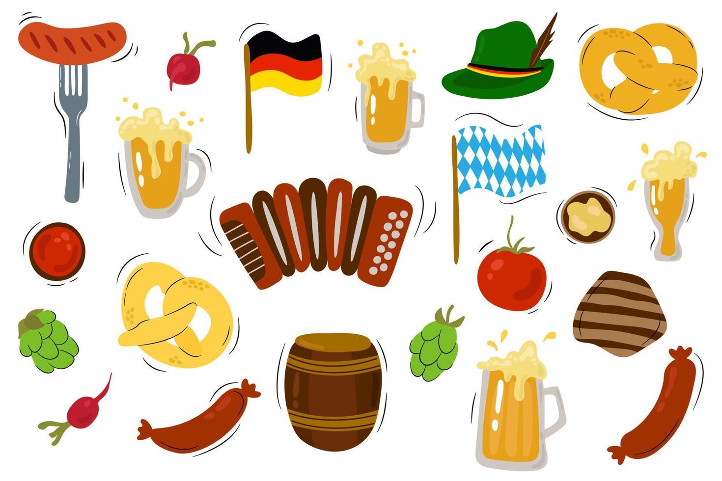 conjunto dibujado a mano para oktoberfest. fondo blanco, aislar. estilo dibujado. ilustración vectorial vector