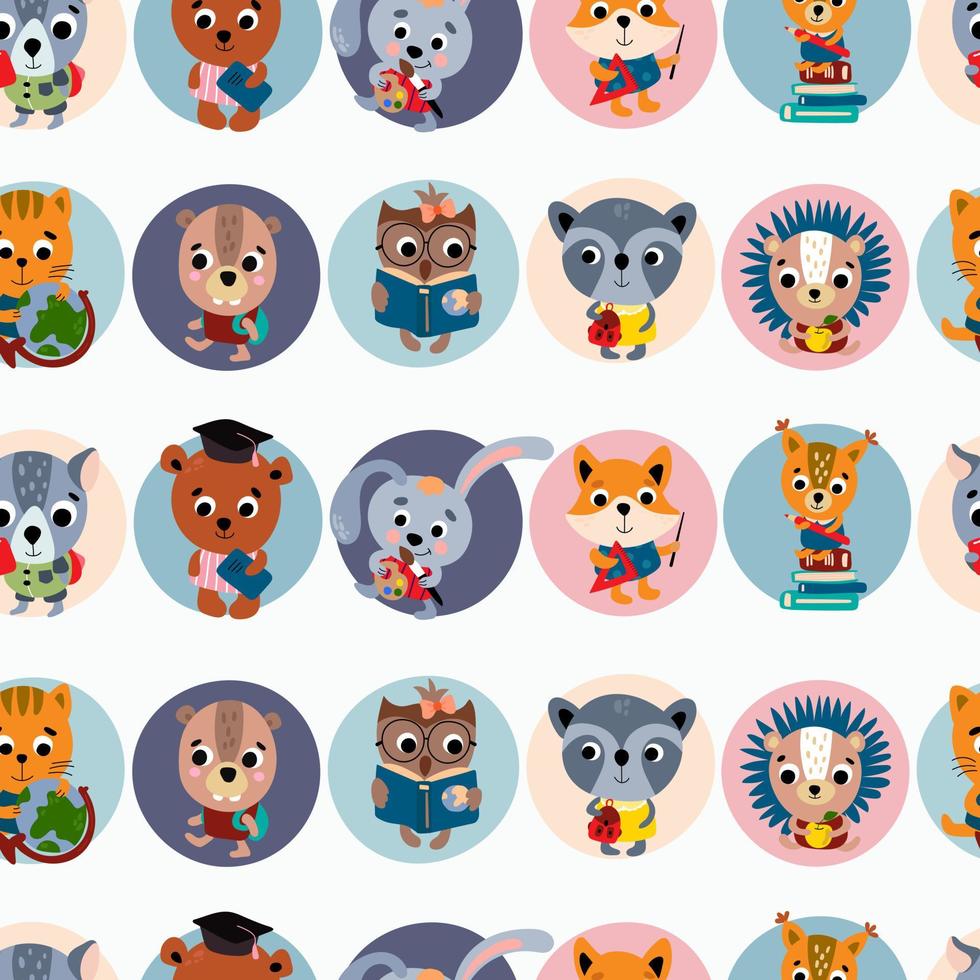 School seamless pattern with cute little animals. Design for fabric, textile, wallpaper, packaging. vector