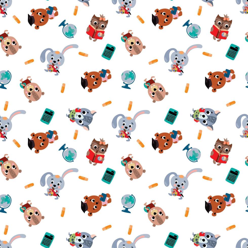 School seamless pattern with cute little animals. Design for fabric, textile, wallpaper, packaging. vector