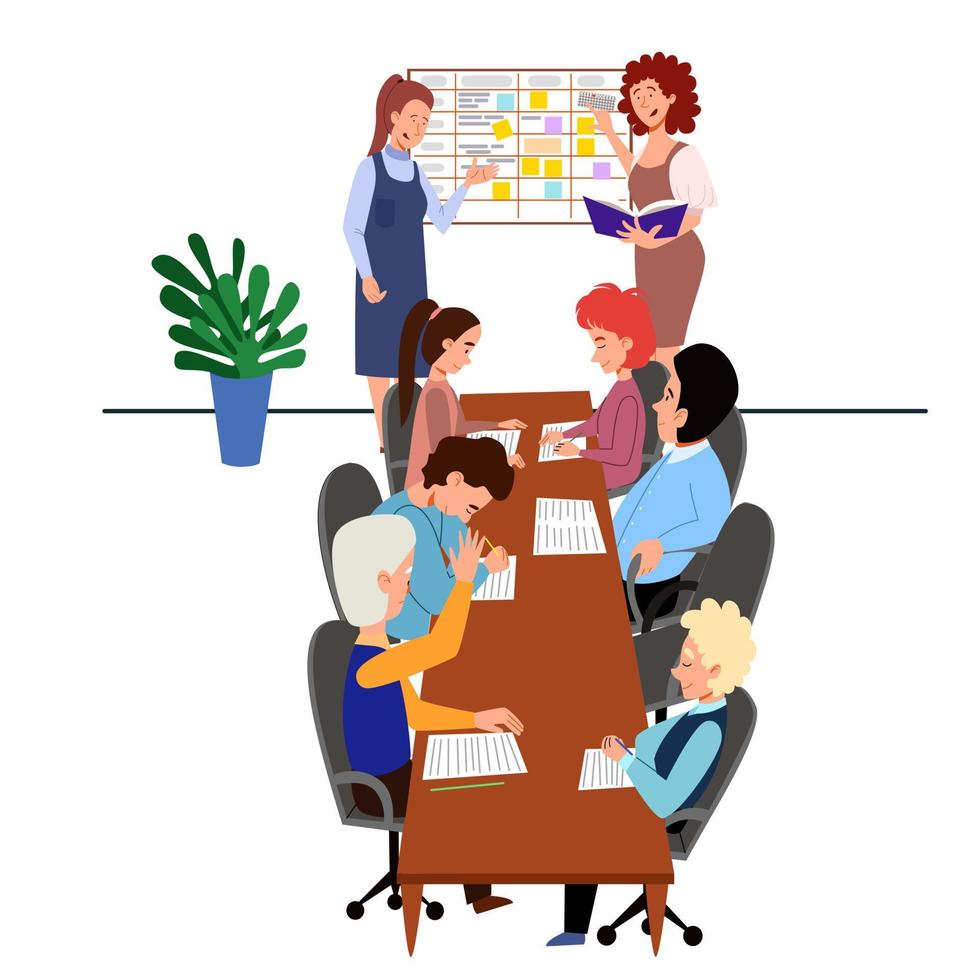 The concept of a working meeting of colleagues at the table. People s report on the topic of planning and problem solving. vector