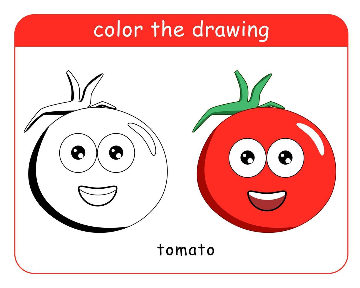 Coloring book for children. Tomato character in color and black and