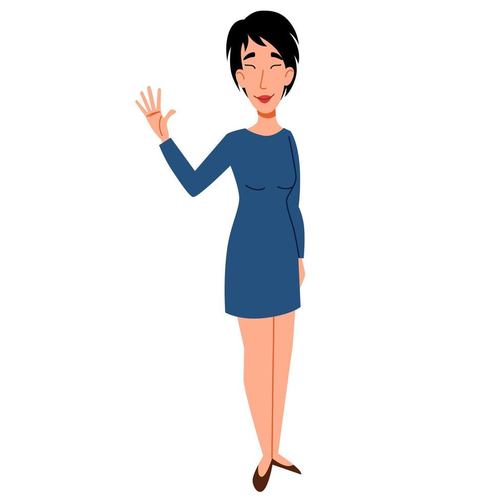 A fashionable Asian girl in casual clothes greets. Friendly greeting of a young woman. vector