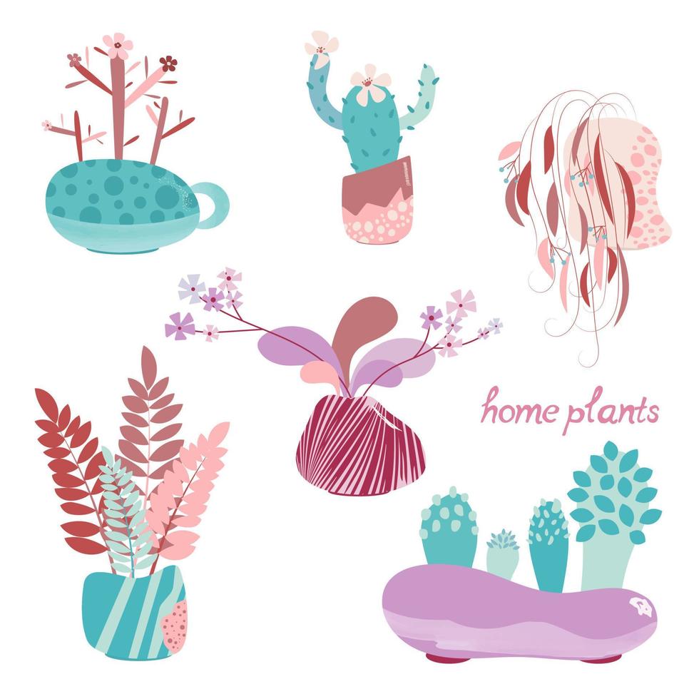 the set of flat home plants in the colorful vases vector