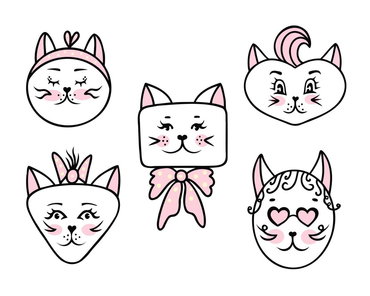 Cat face set, girls. Illustration for backgrounds, packaging, greeting cards and posters. Isolated on white background. vector