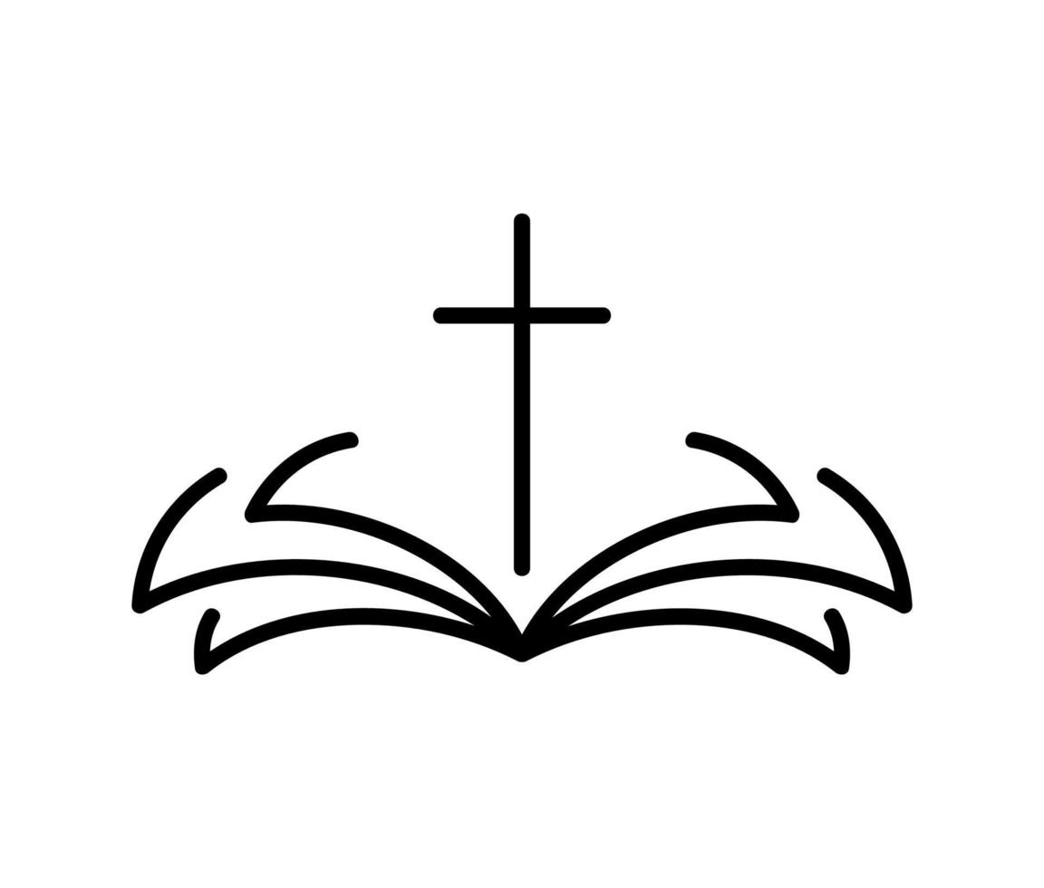 Vector emblem with Cross and Holy Bible. Illustration of Christian Logo or icon. Religious community. Design element for poster, badge, sign