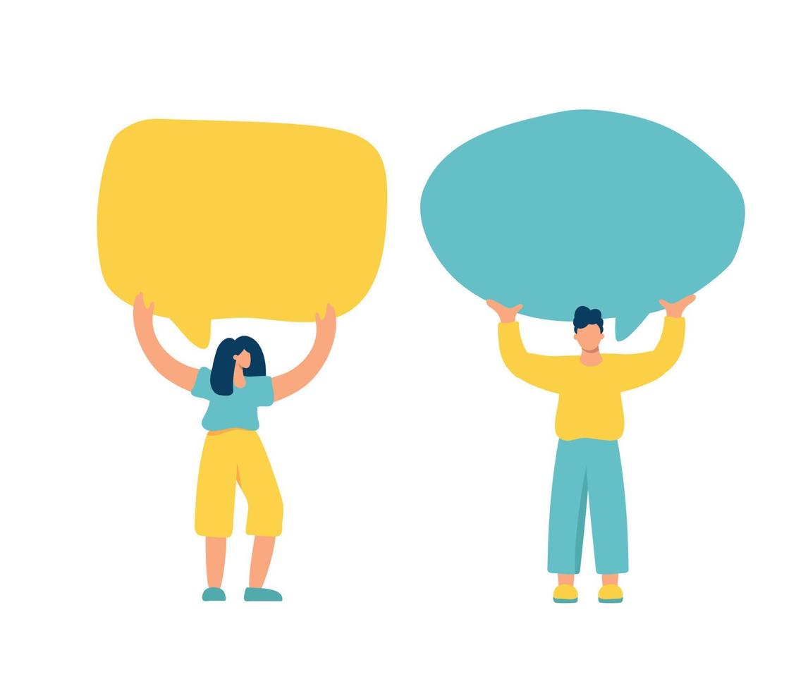 Young flat vector man and woman holding speech bubbles communication. Concept of announcement, advertising, promotion, business, empty template illustration