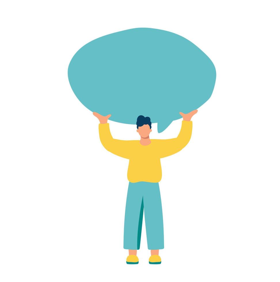 Young vector flat man holding turquoise speech bubble. Concept of ...