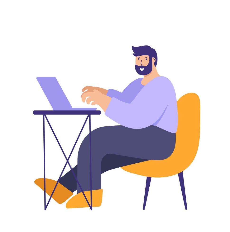 Young vector man working on the laptop computer. Freelance job, creativity innovation and business idea concept. people character illustration. Flat minimal style