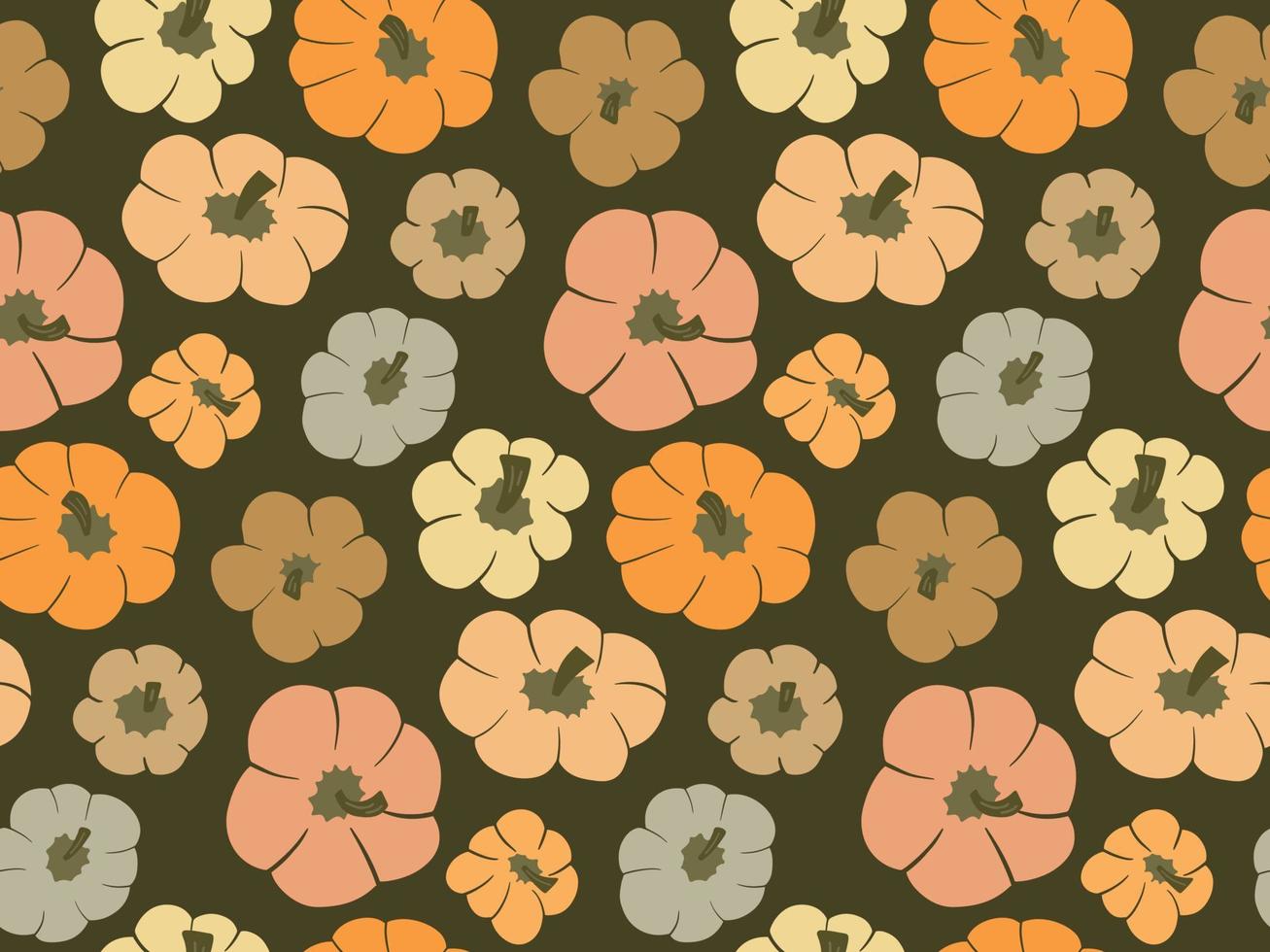 Cute vector seamless pattern background with top view pumpkins on dark green backdrop. Different various gourd in autumn warm color palette in simple hand drawn style. Fall wallpaper, texture
