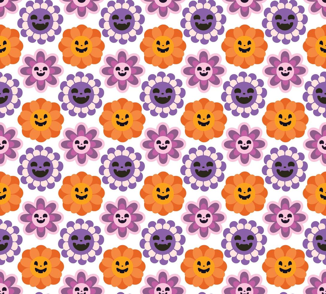 Spooky retro daisy flower with pumpkin style scary funny silly carved face with smile. Groovy retro Halloween wallpaper design, texture, print, textile vector