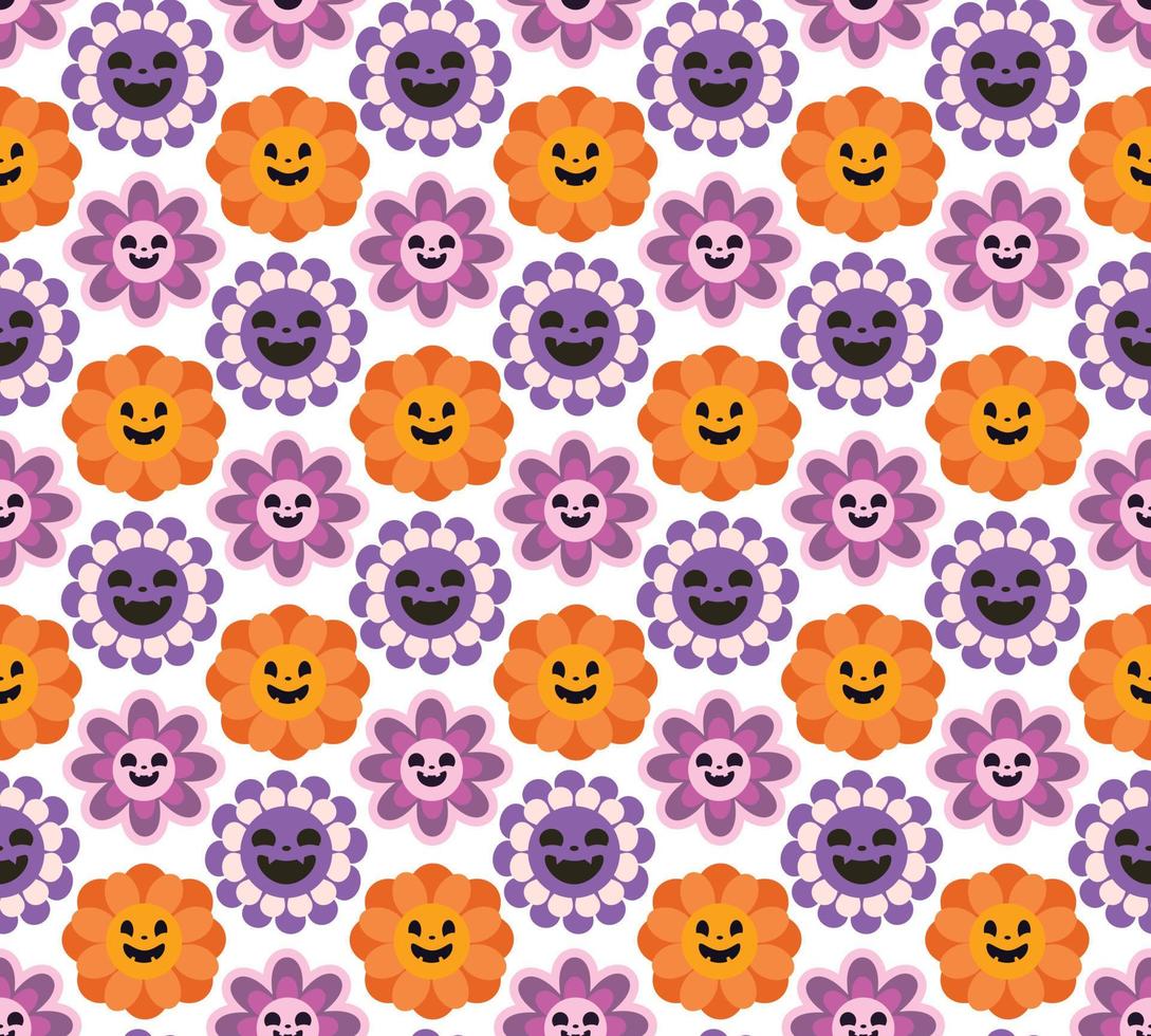 flor de margarita retro espeluznante con estilo calabaza cara tallada tonta graciosa y aterradora con una sonrisa. maravilloso diseño retro de papel tapiz de halloween, textura, estampado, textil vector