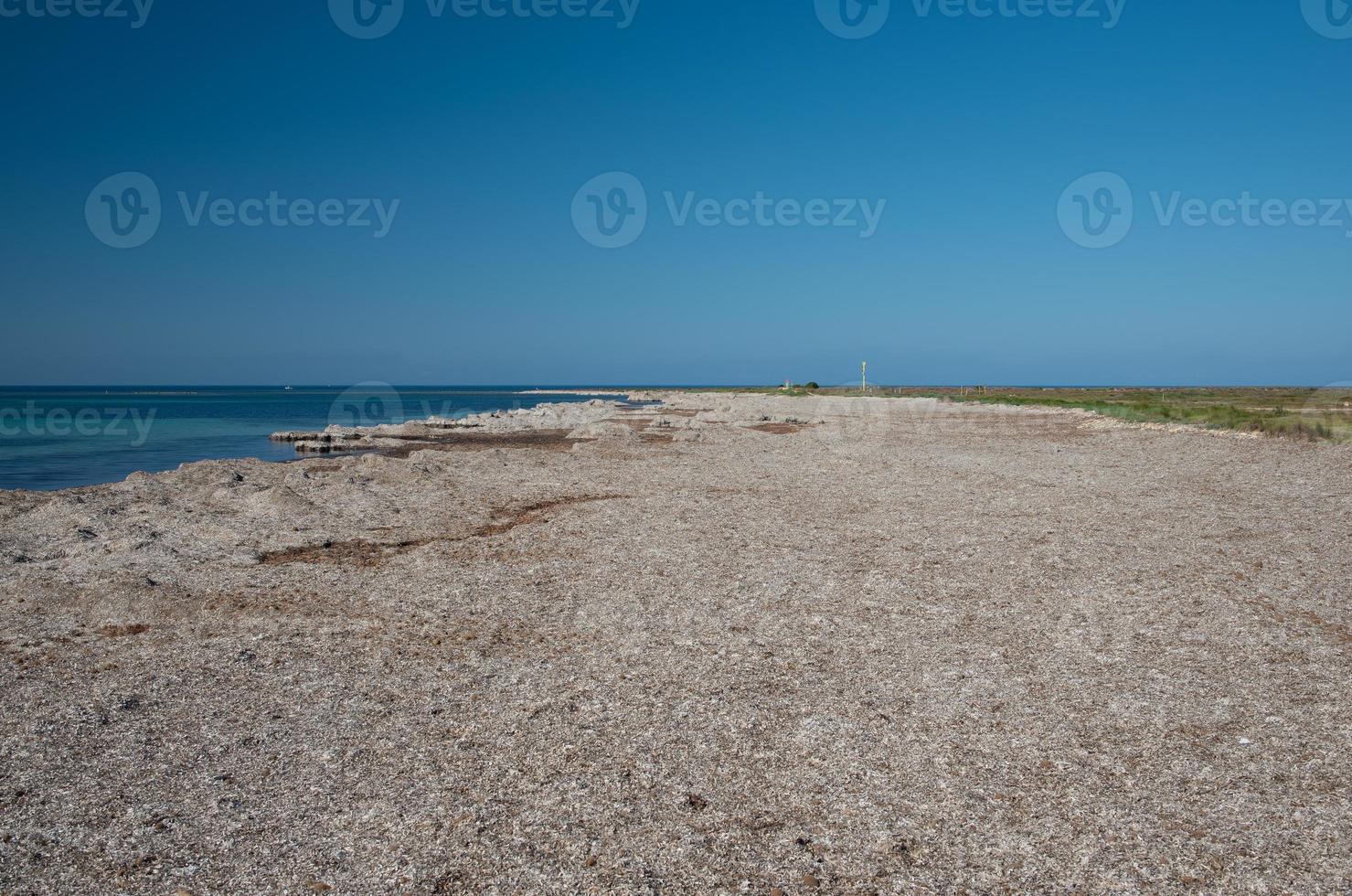 Scenic shot of the Mediterranean coast. Masses of dried seaweed lie on the shore. photo