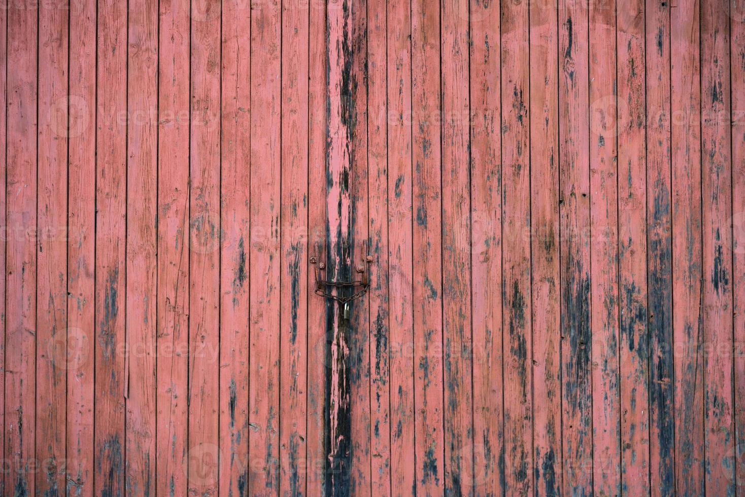 Background and texture of a weathered red wooden gate that is closed with a chain. photo