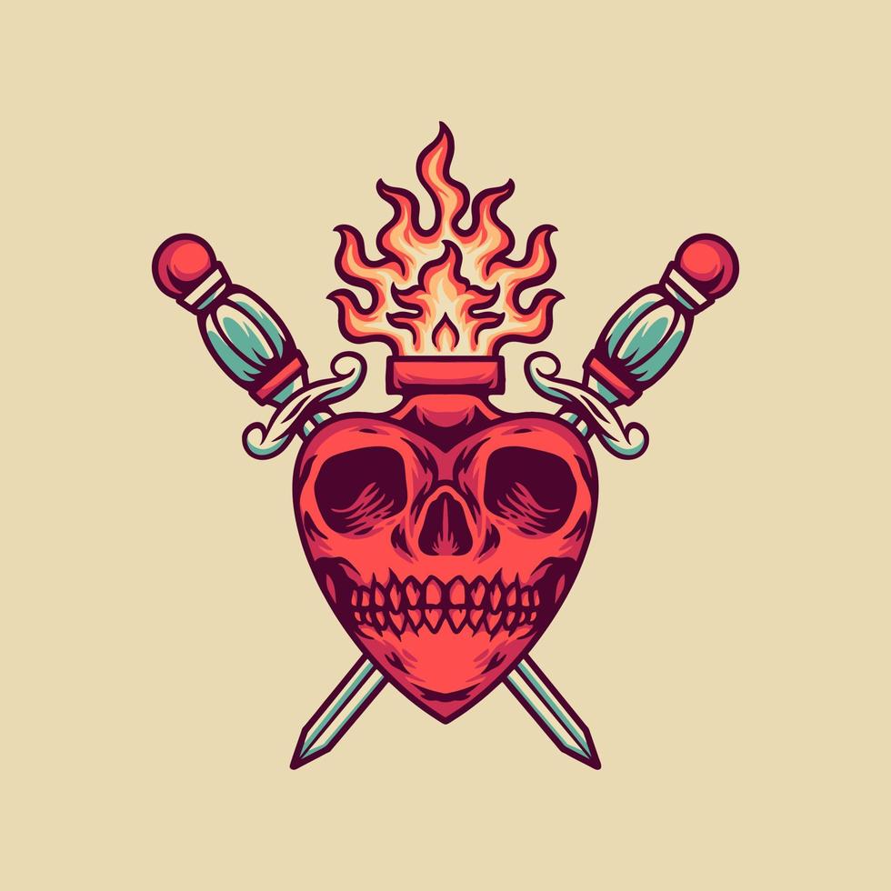 amor calavera y fuego ilustración retro vector