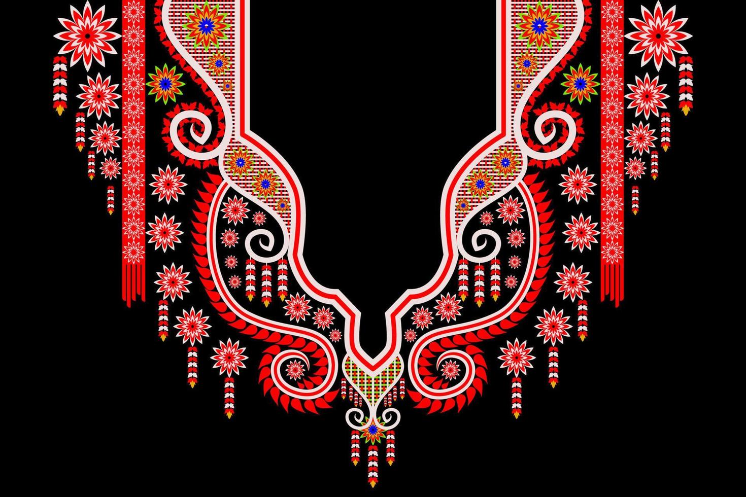 The retro geometric design is used in the embroidery of the neckline. vector