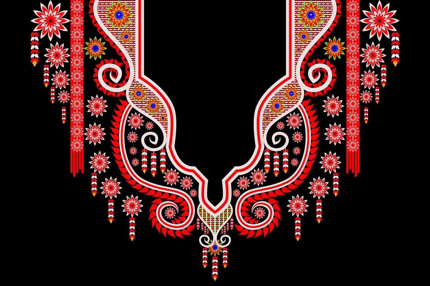 The retro geometric design is used in the embroidery of the neckline. vector