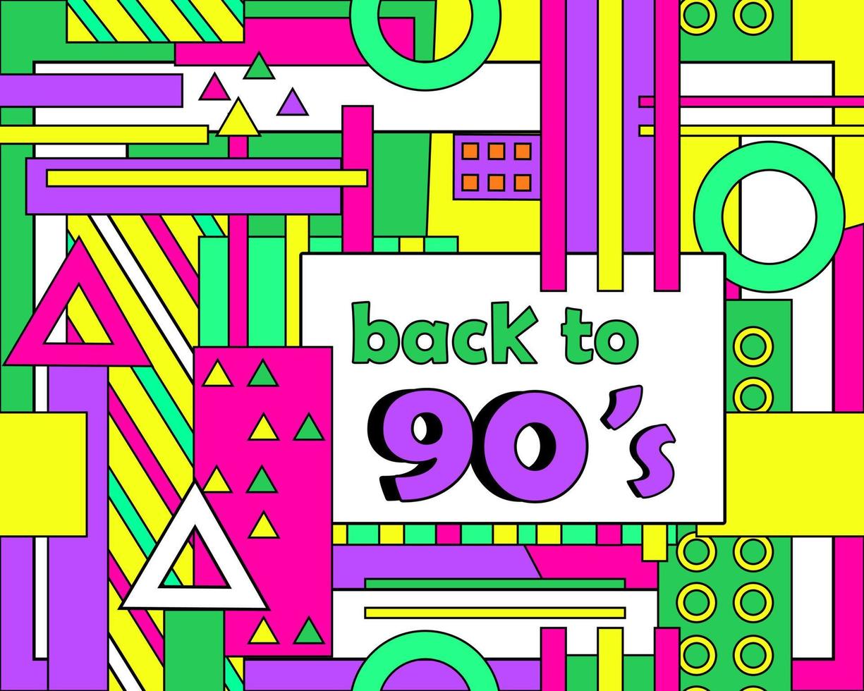 90s style background. Party time. Colorful retro banner. Memphis style. Template for event design. Bright geometric shapes. Trend colors. Vector illustration