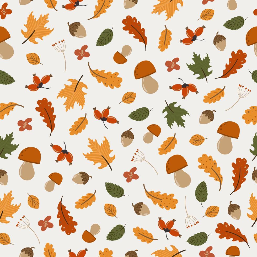 autumn cartoon seamless pattern. Yellow, red, brown leaves, rose hips, acorns. Pattern for packaging, wallpapers, textiles. Vector illustration, hand drawn