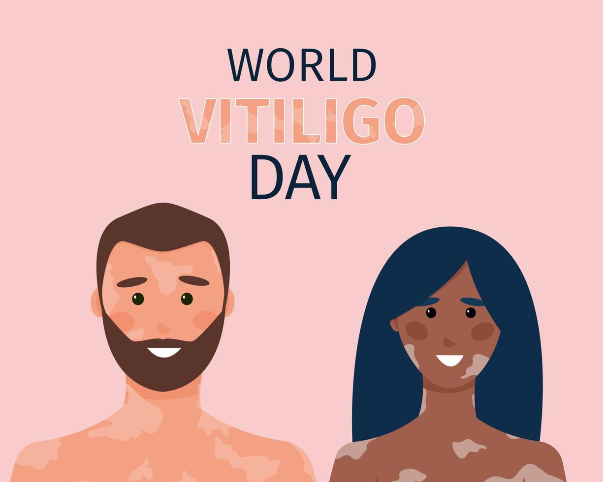 día mundial del vitíligo. cartel con la imagen de un hombre y una mujer felices. razas diferentes. enfermedad autoinmune. problemas de la piel. ilustración vectorial, plano de dibujos animados vector