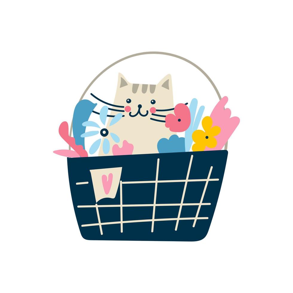 cat in basket with flowers. print for t-shirt, card, baby interior poster, sticker for social networks, smartphone. Cartoon pet isolated on white background. Vector illustration, doodle, hand drawn