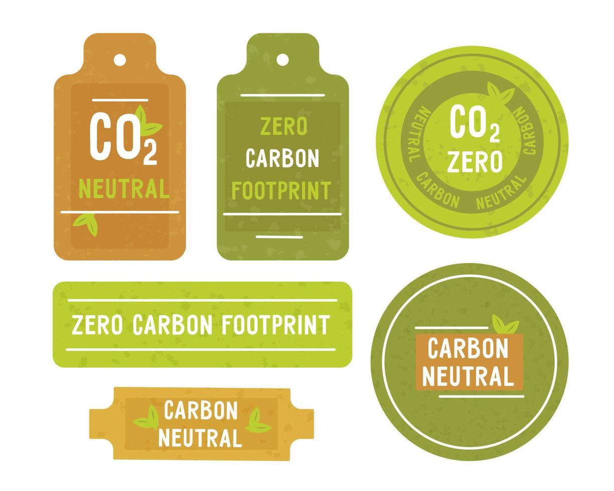 Carbon marking on label of food, clothing and other goods. Set of price tags, sticker with information about environmental safety. Zero carbon footprint. Vector illustration