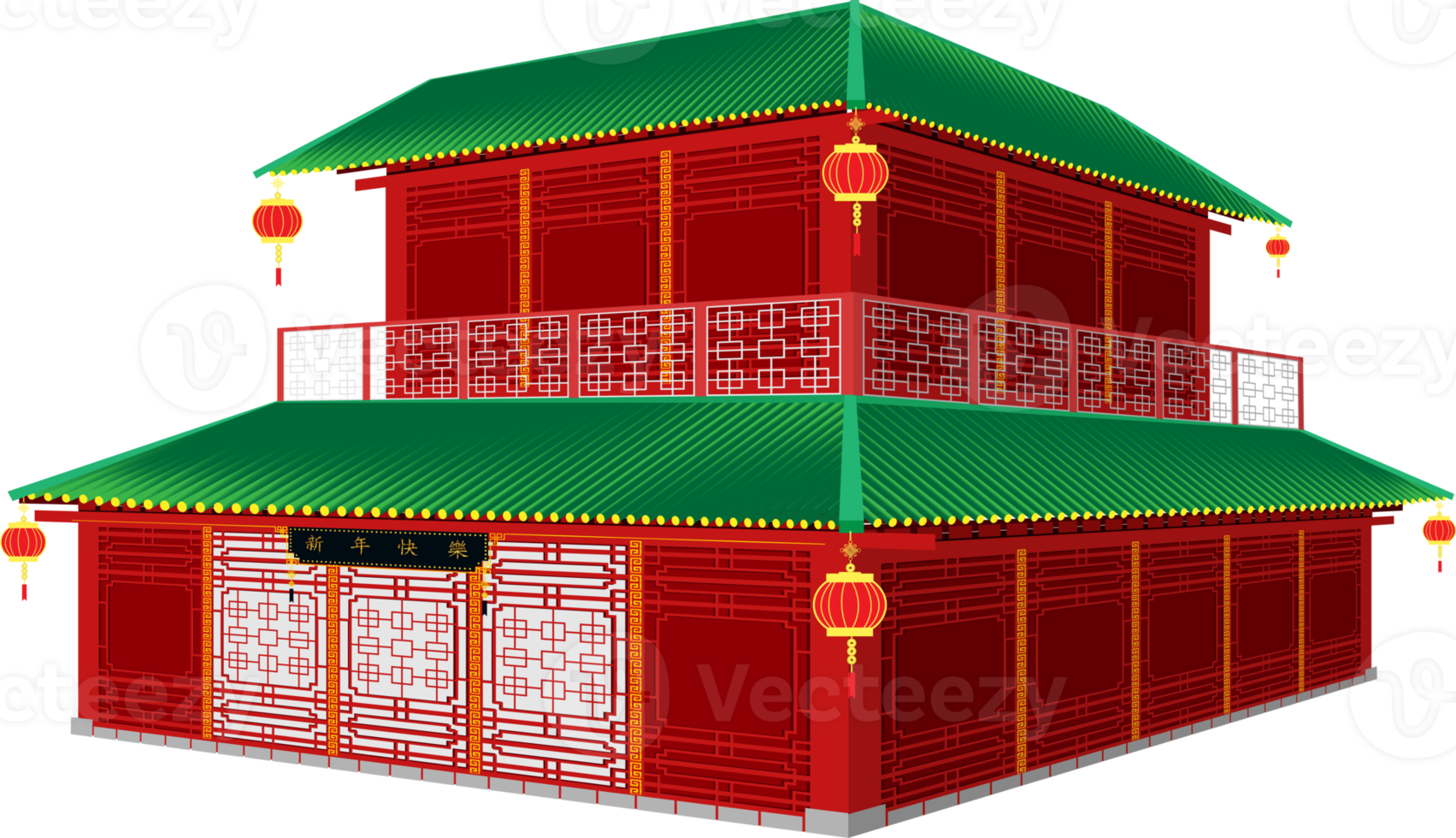 3d maison chinoise à 2 étages style de couleur rouge et vert sur le toit png