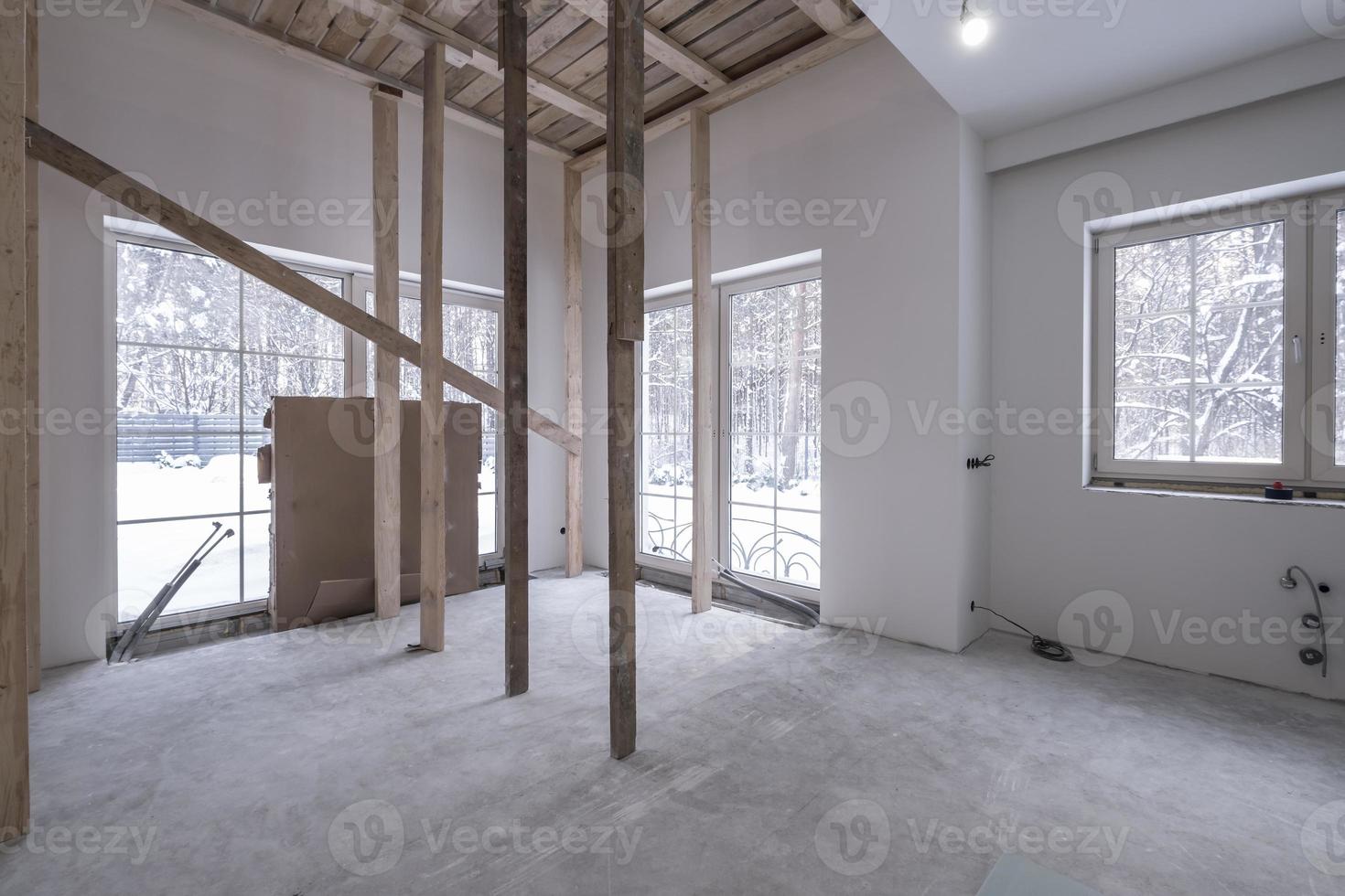 empty white room without repair and furniture with scaffolding photo