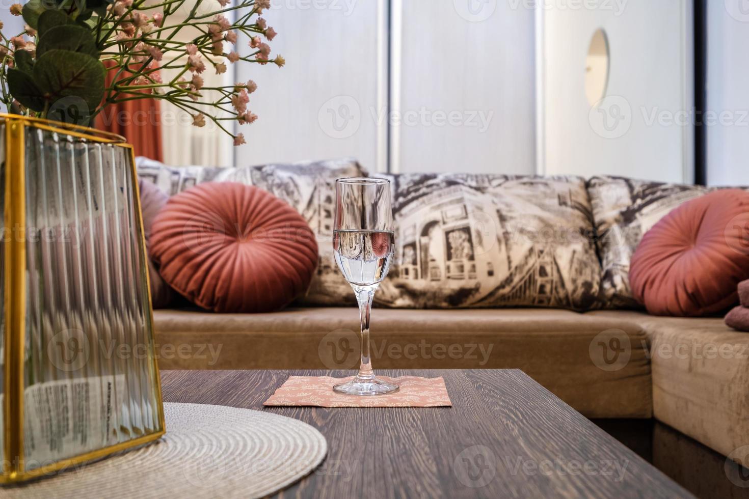 Interior of modern luxure bedroom in studio apartments in light pink color style photo