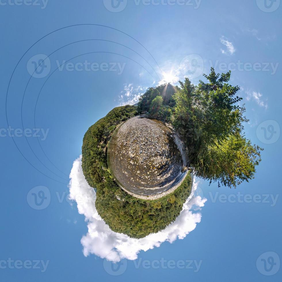 green tiny planet in blue sky with beautiful clouds. Transformation of spherical panorama 360 degrees. Spherical abstract aerial view. Curvature of space. photo