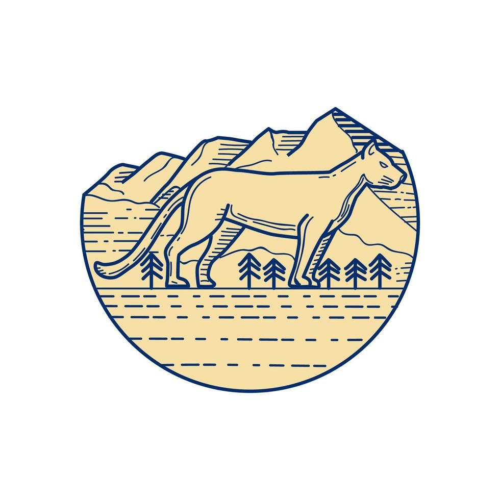 Cougar Mountain Lion Tree Mono Line vector