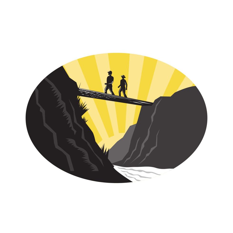 Trampers Log Bridge Ravine River Oval Woodcut vector