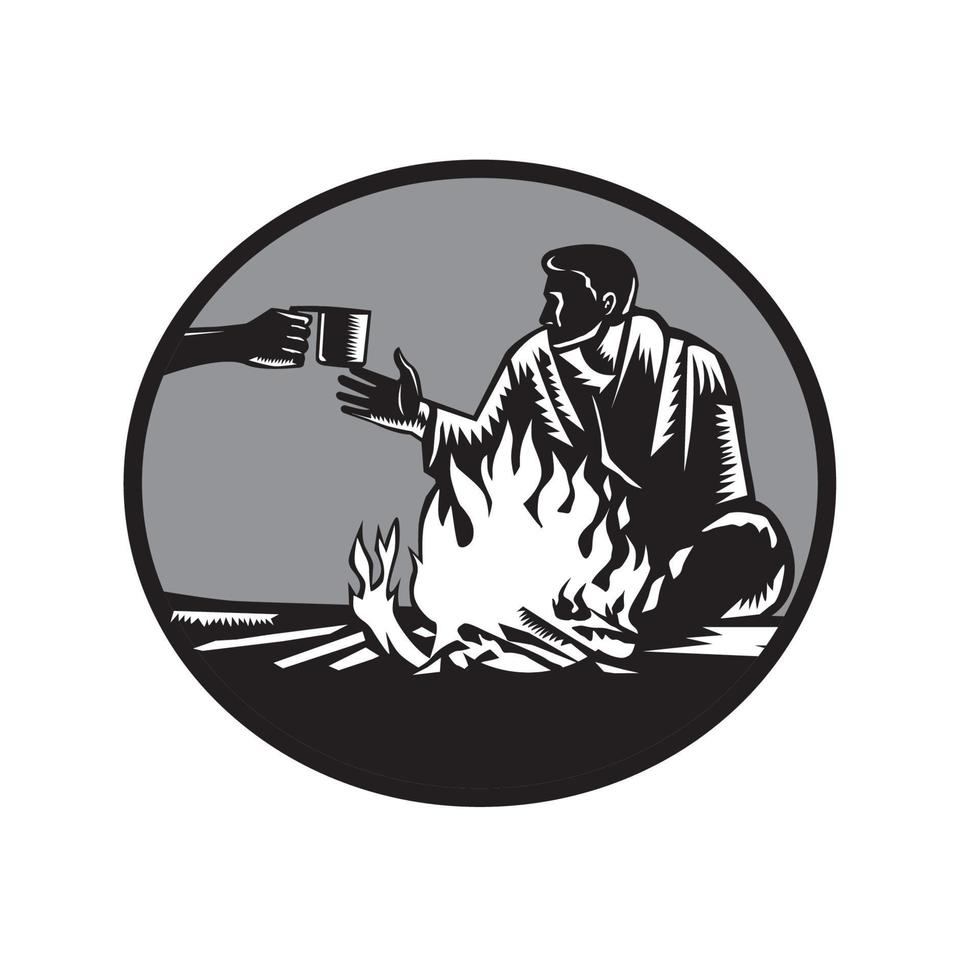 Camper Campfire Cup of Coffee Circle Woodcut vector