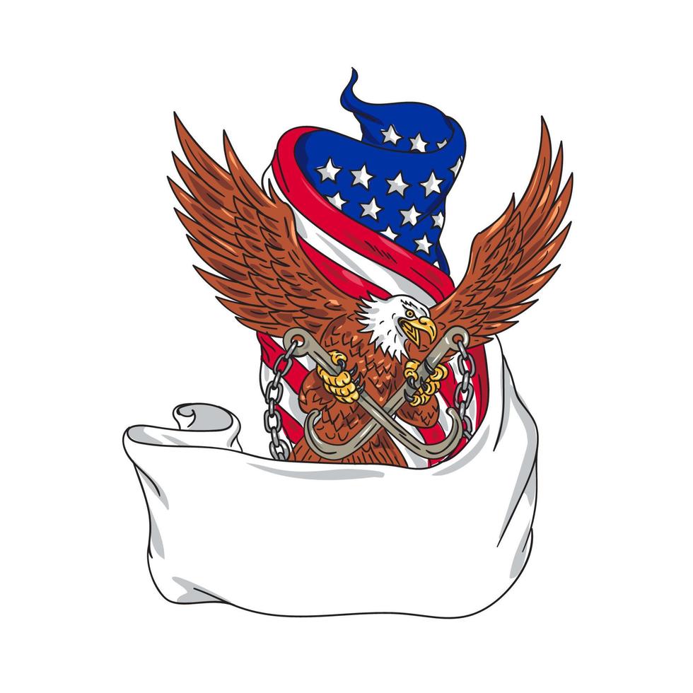 American Eagle Clutching Towing J Hook Flag Unfurled Drawing vector