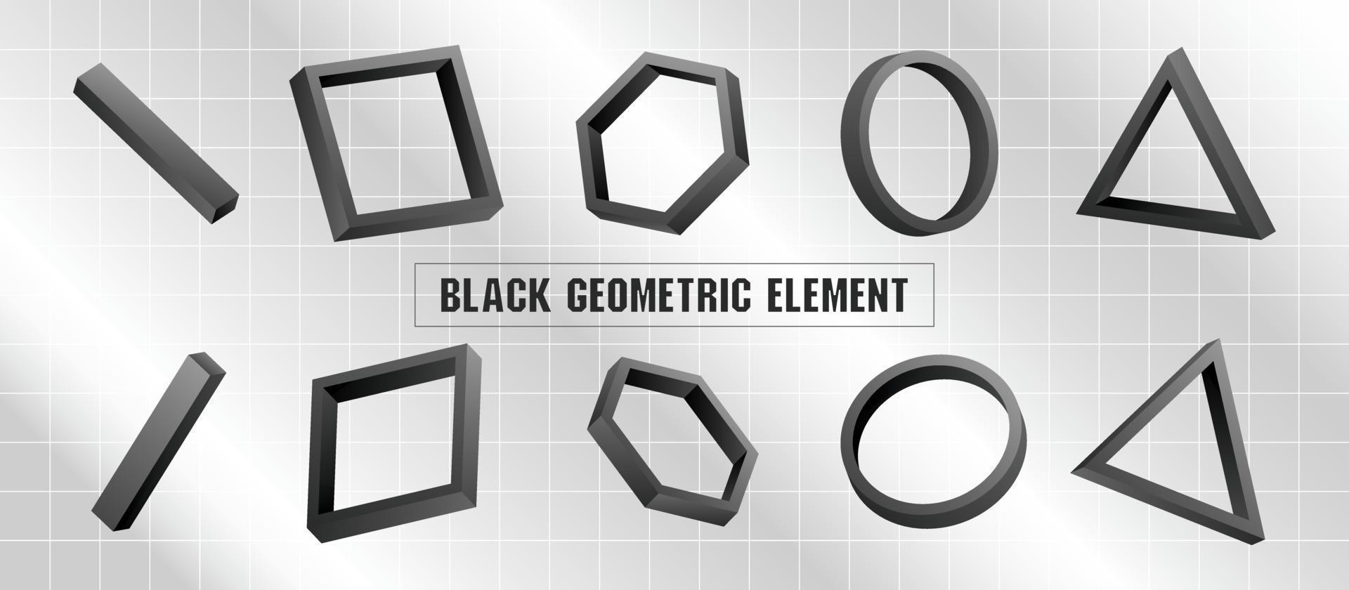 black geometric 3d illustration graphic vector set on retro futuristic glossy silver grid pattern background