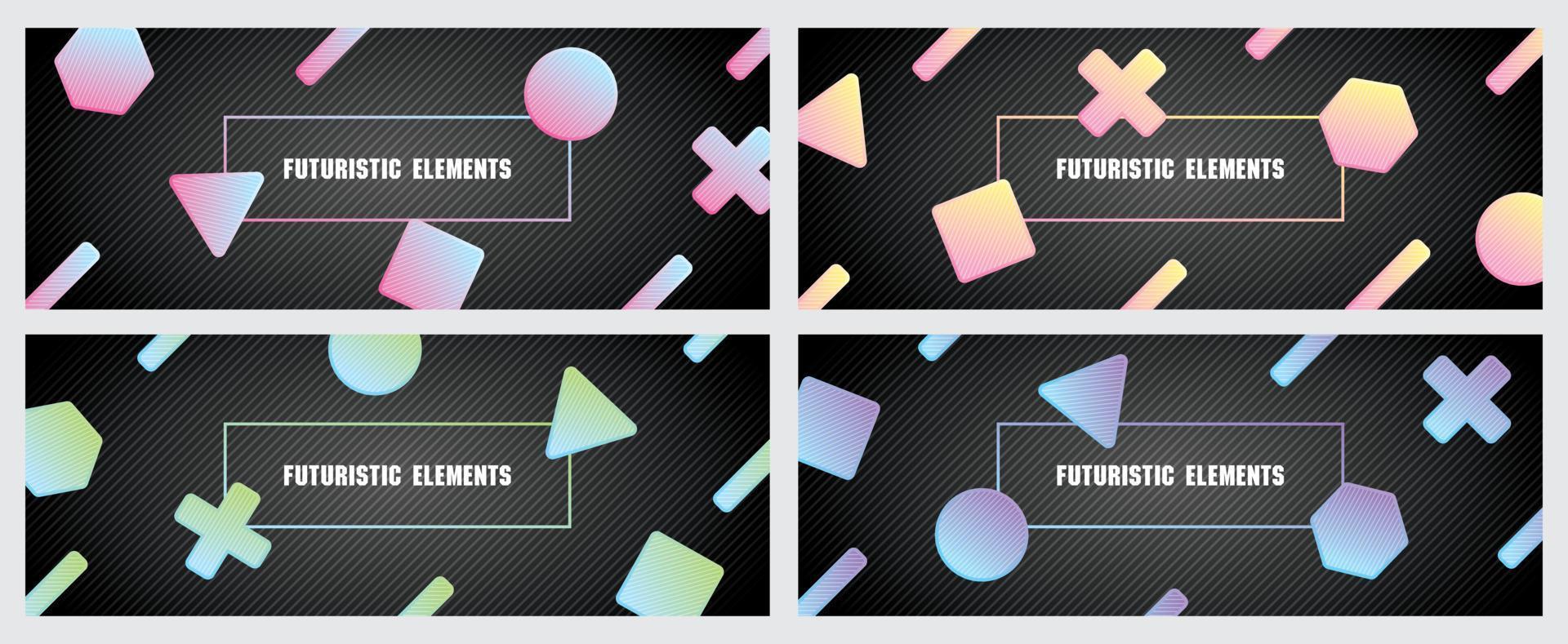 fun geometric shape graphic elements vector set in futuristic gradient color theme on dark black background