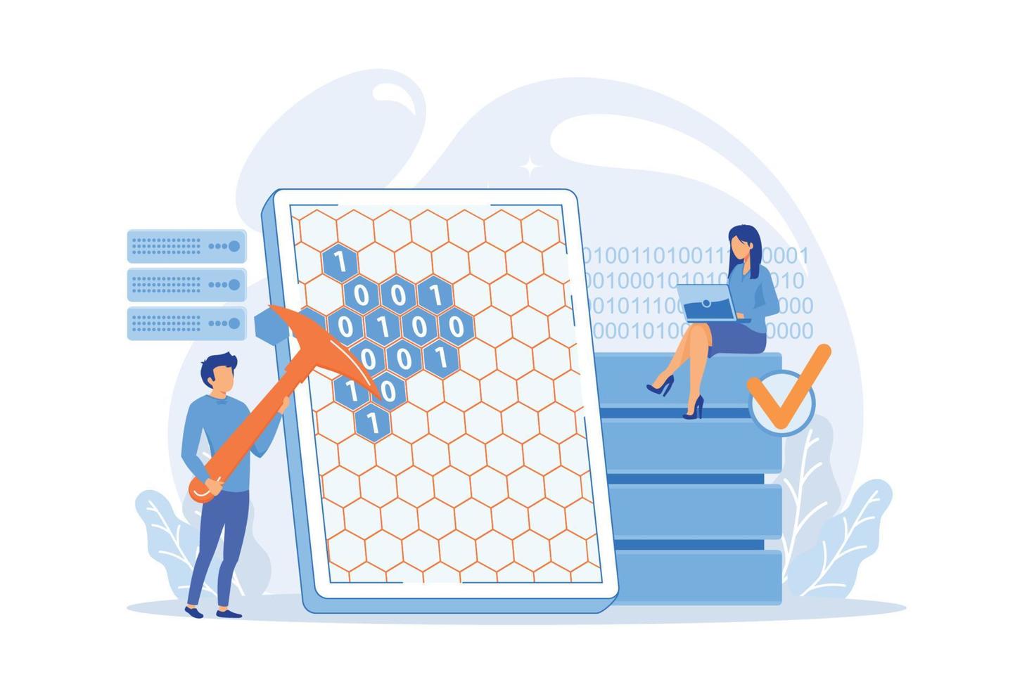 gente diminuta, científicos en tableta con minería de pico. minería de datos, ilustración de vector de abastecimiento de almacén de datos