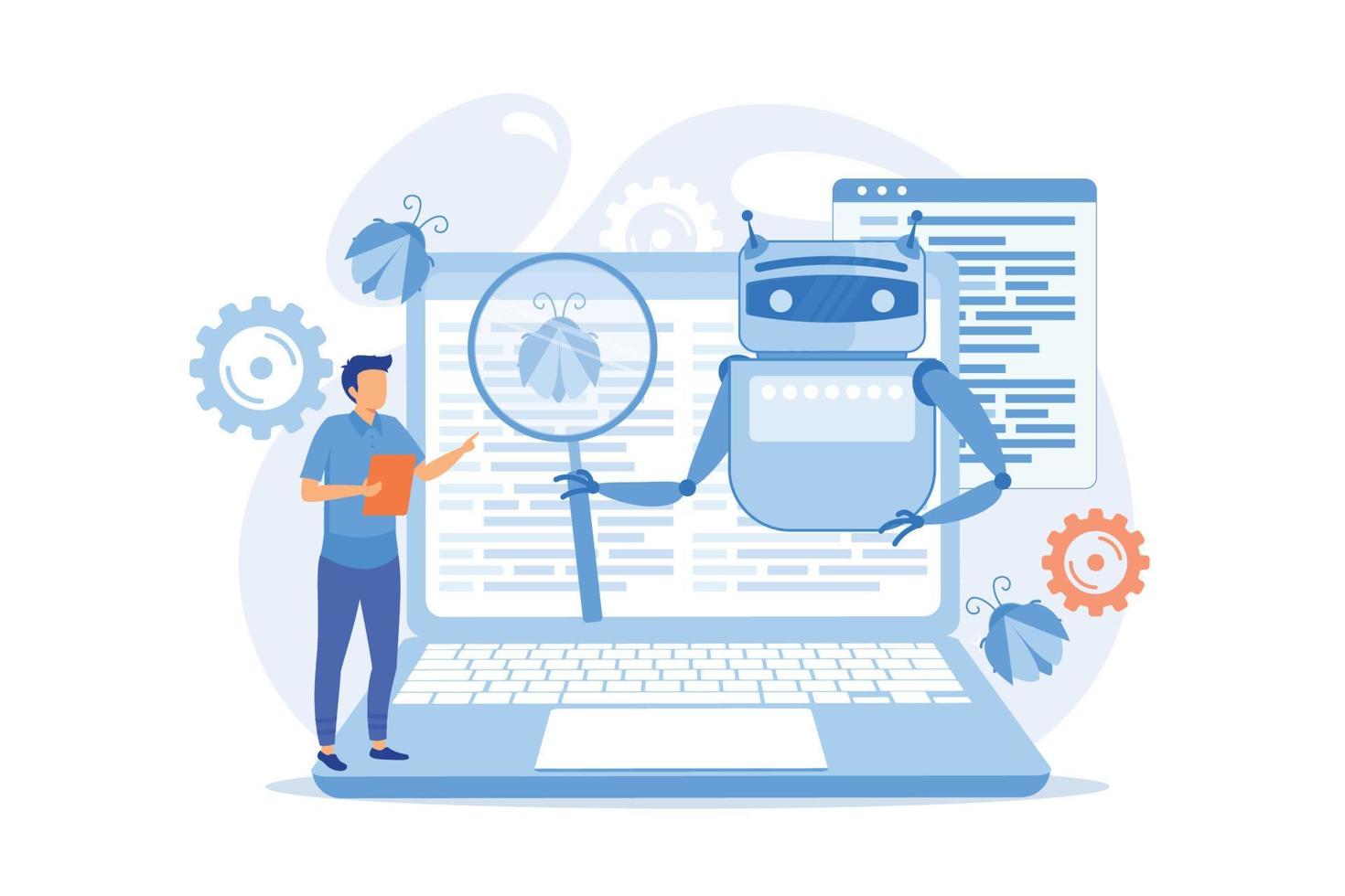 controlador leyendo regulaciones al robot. regulaciones de inteligencia artificial, limitaciones en la ilustración de vector de desarrollo de ai