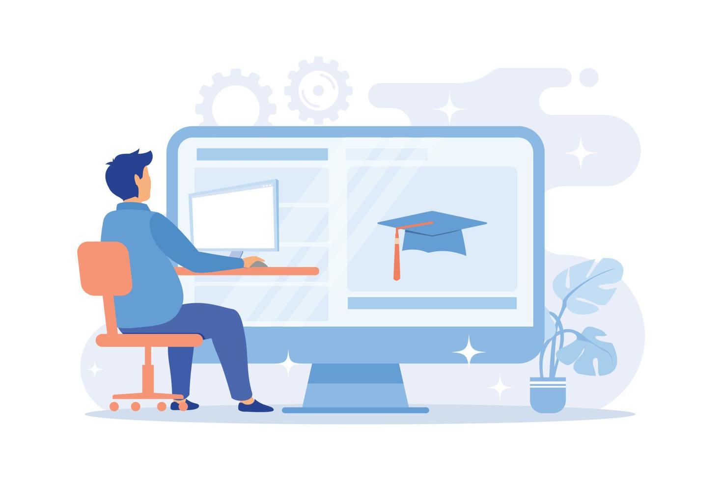 Online preparation for lesson. Internet school homework, university assignment, college online tasks. Young woman using remote classes website. vector