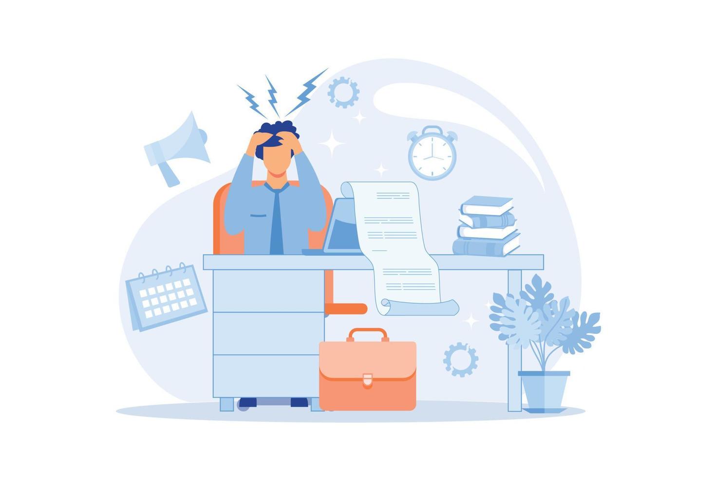 Stress Acute mental disorder, work related anxiety, stress management technique, overworking, psychologist service, physical health risk flat design modern illustration vector