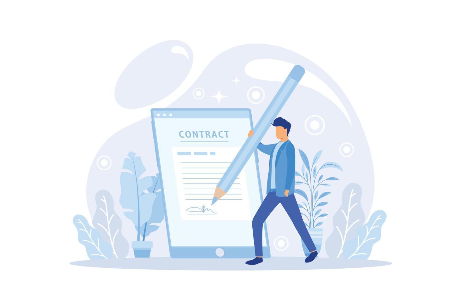 Business people sign contract concept. Characters checking agreement. Corporate document data protection, terms and conditions and privacy policy concept. vector