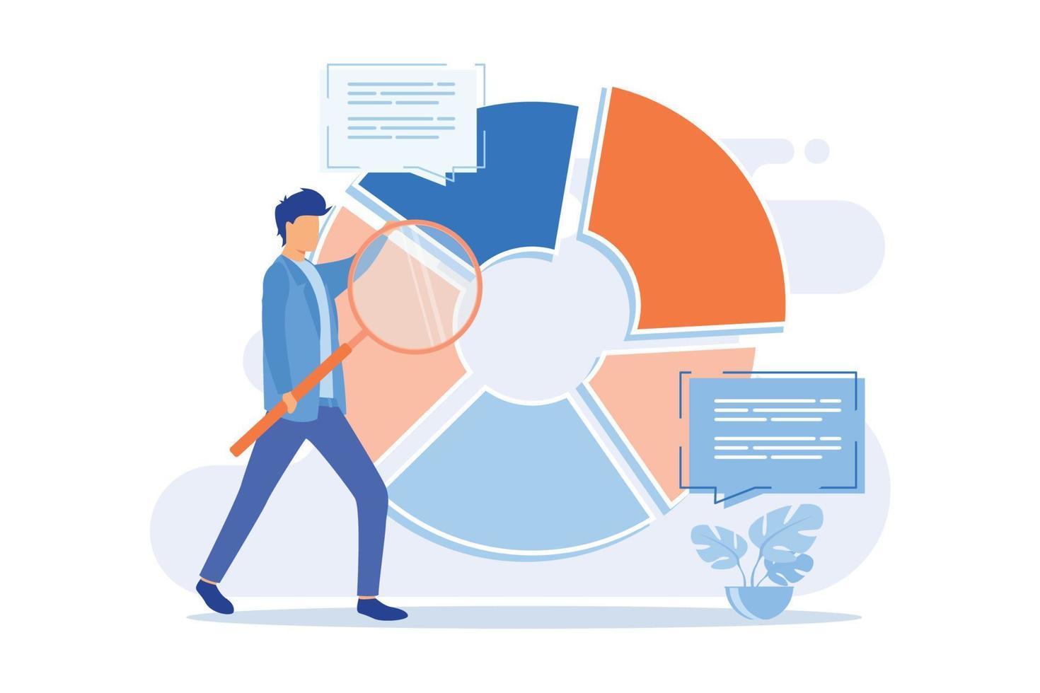 análisis estadístico lupa analizando datos. diagrama circular con segmentos coloridos. estadísticas, auditoría, investigación. ilustración moderna de diseño plano vector