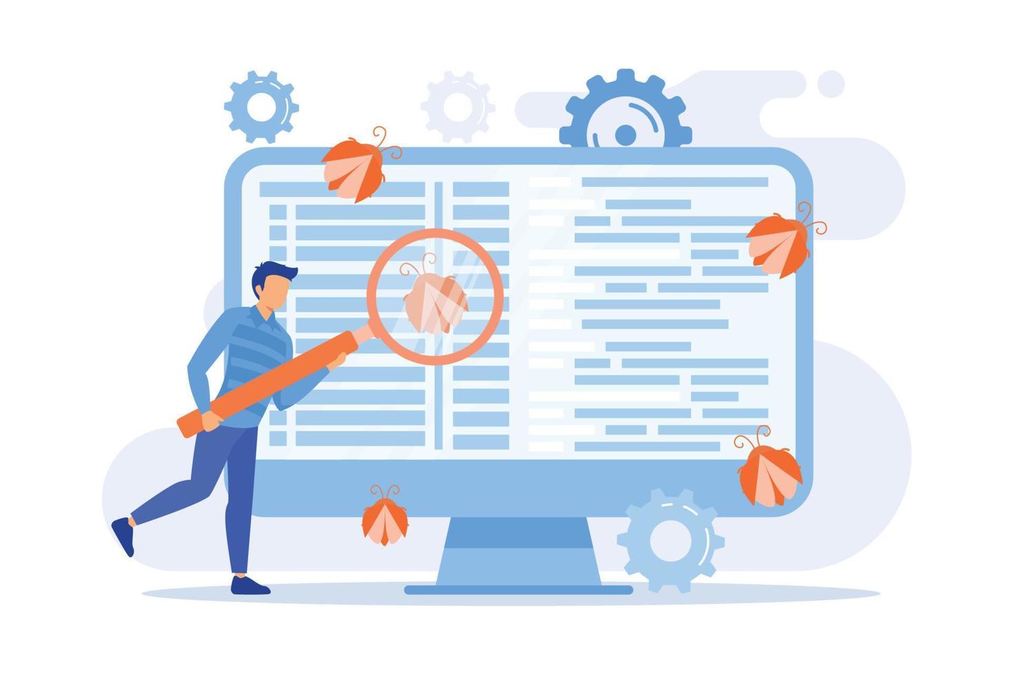 Software testing Programmer  magnifier looking for defects in programme, application. Software bugs, errors, risks. flat design modern illustration vector