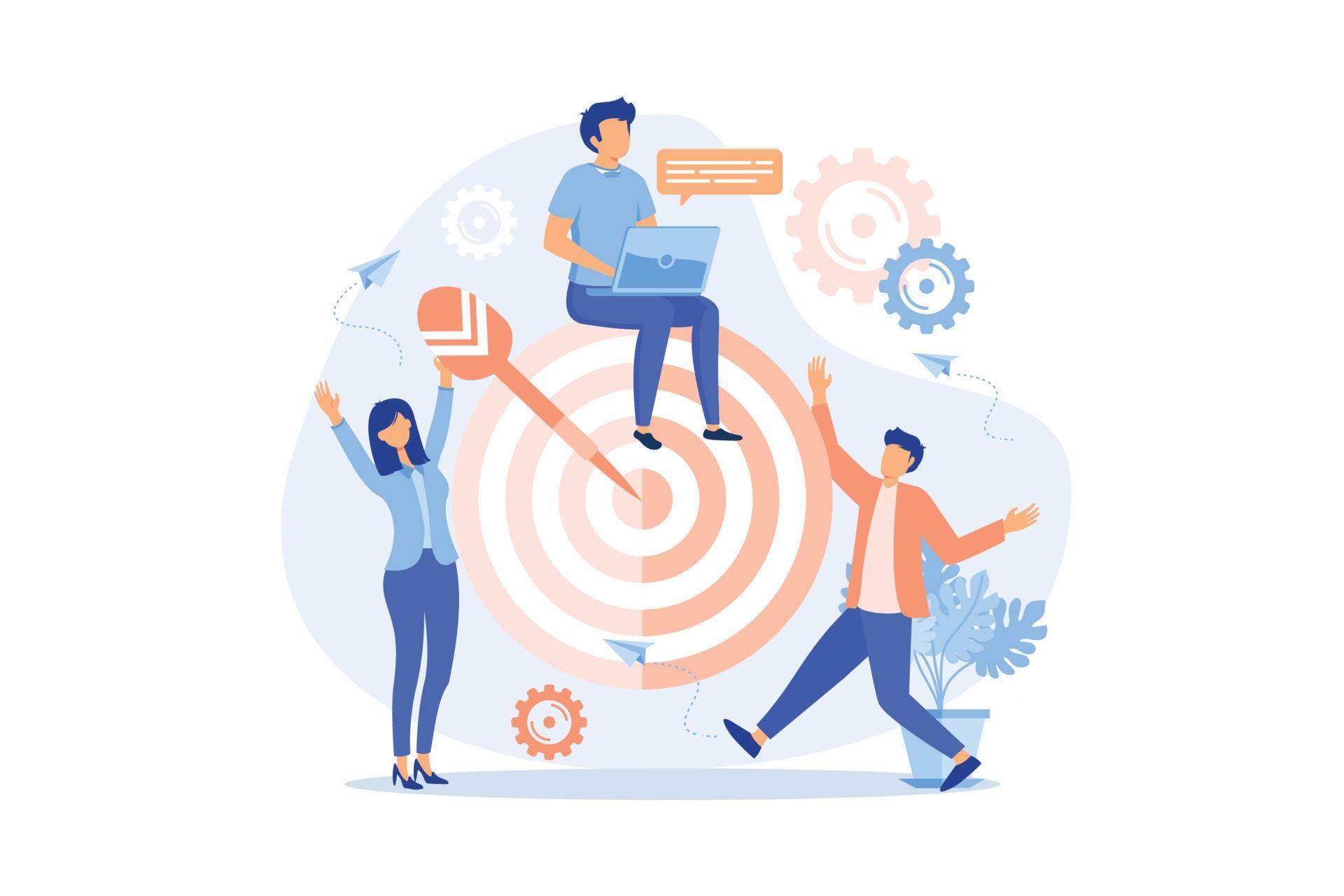 Teamwork online, common goals Business team carries huge arrow to goal