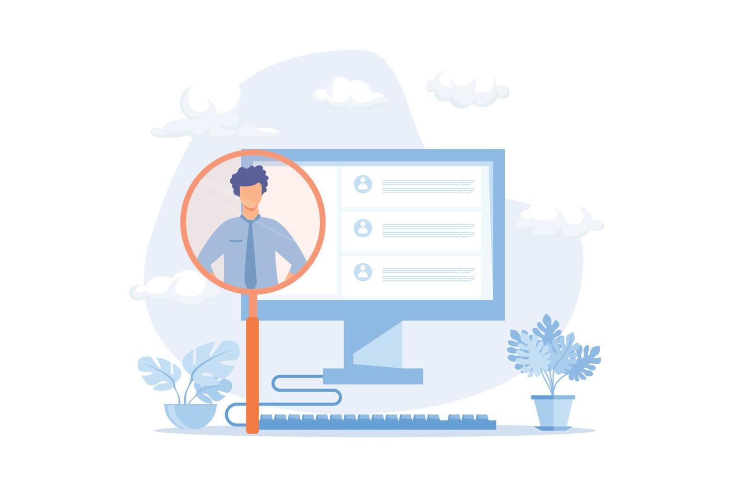 Human resources manager hiring employee or workers. HR management software, looking for job candidates. Employment, job search, application. Recruiting company, work selection Flat Illustration vector