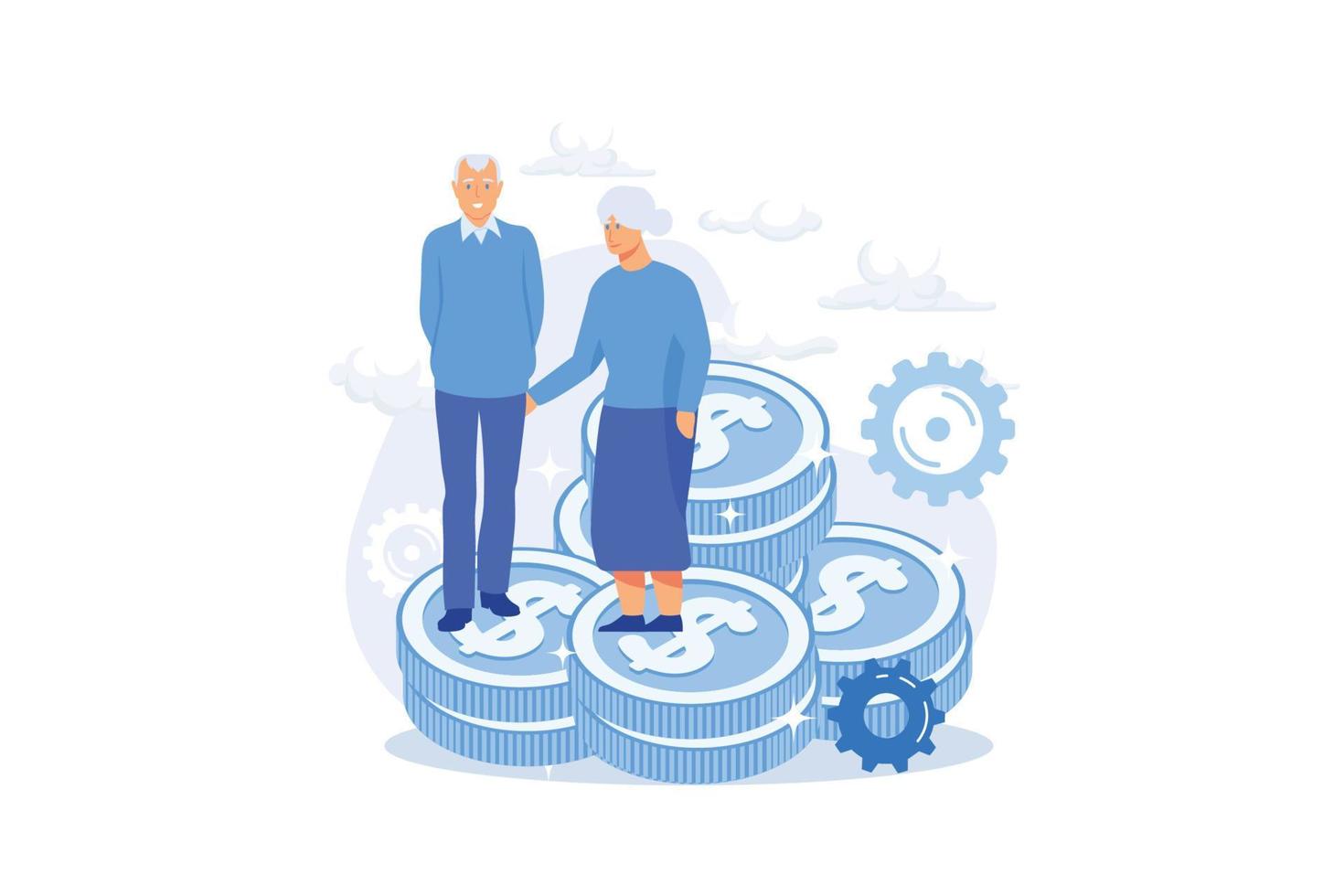 Retirement budget planning. Savings security, bank deposit safety, profitable investment. Elderly couple, pensioners saving money for future. vector