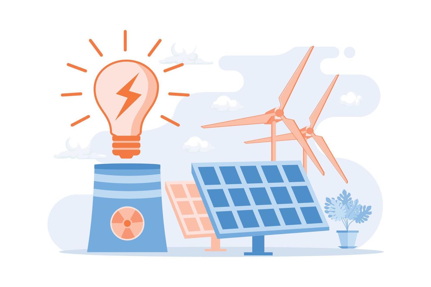 electricidad ecológica. parque eólico, baterías solares, planta de energía nuclear. Ilustración de vector de recursos de energía sostenible