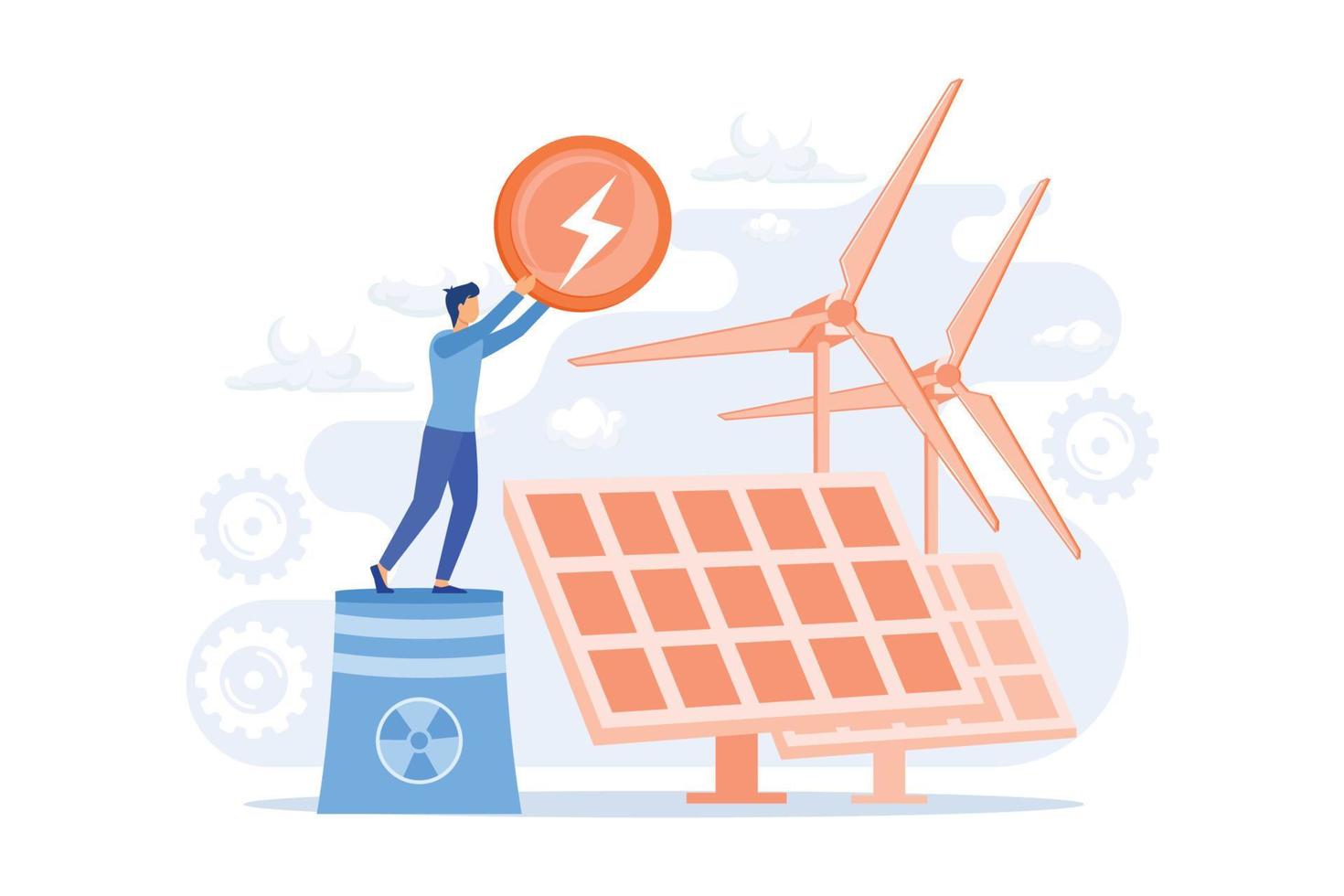 Atomic reactor, windmill and solar battery, energy production. Nuclear power plant, atom fission process vector illustration