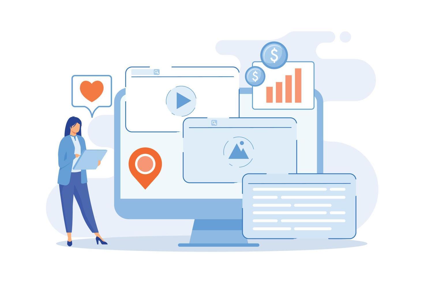 Content aggregator software, best media content in one place, selected texts for resale, aggregation tools, business model flat design modern illustration vector