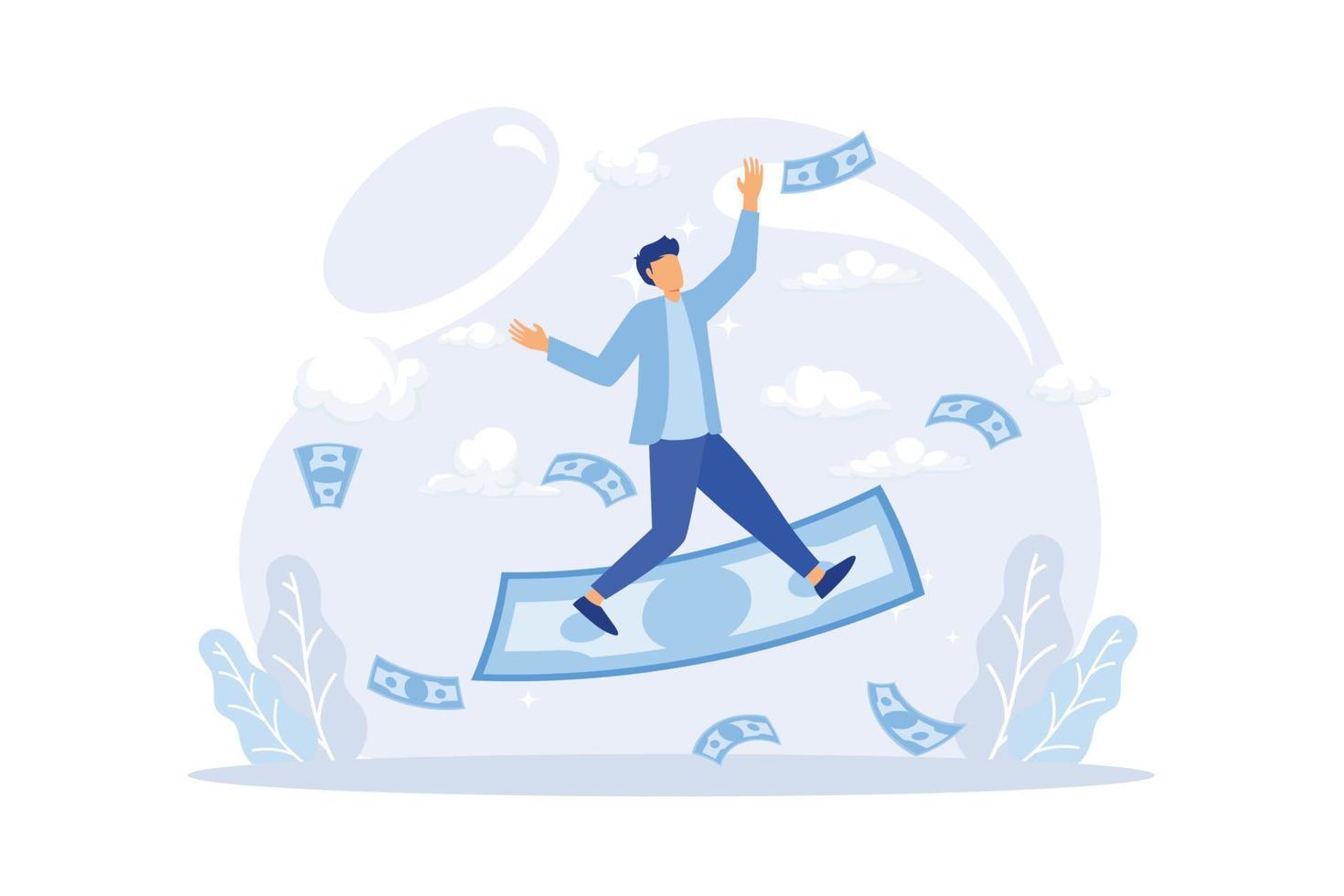 Businessman flying with paper money and clouds on blue background. Vector illustration. Business concept.