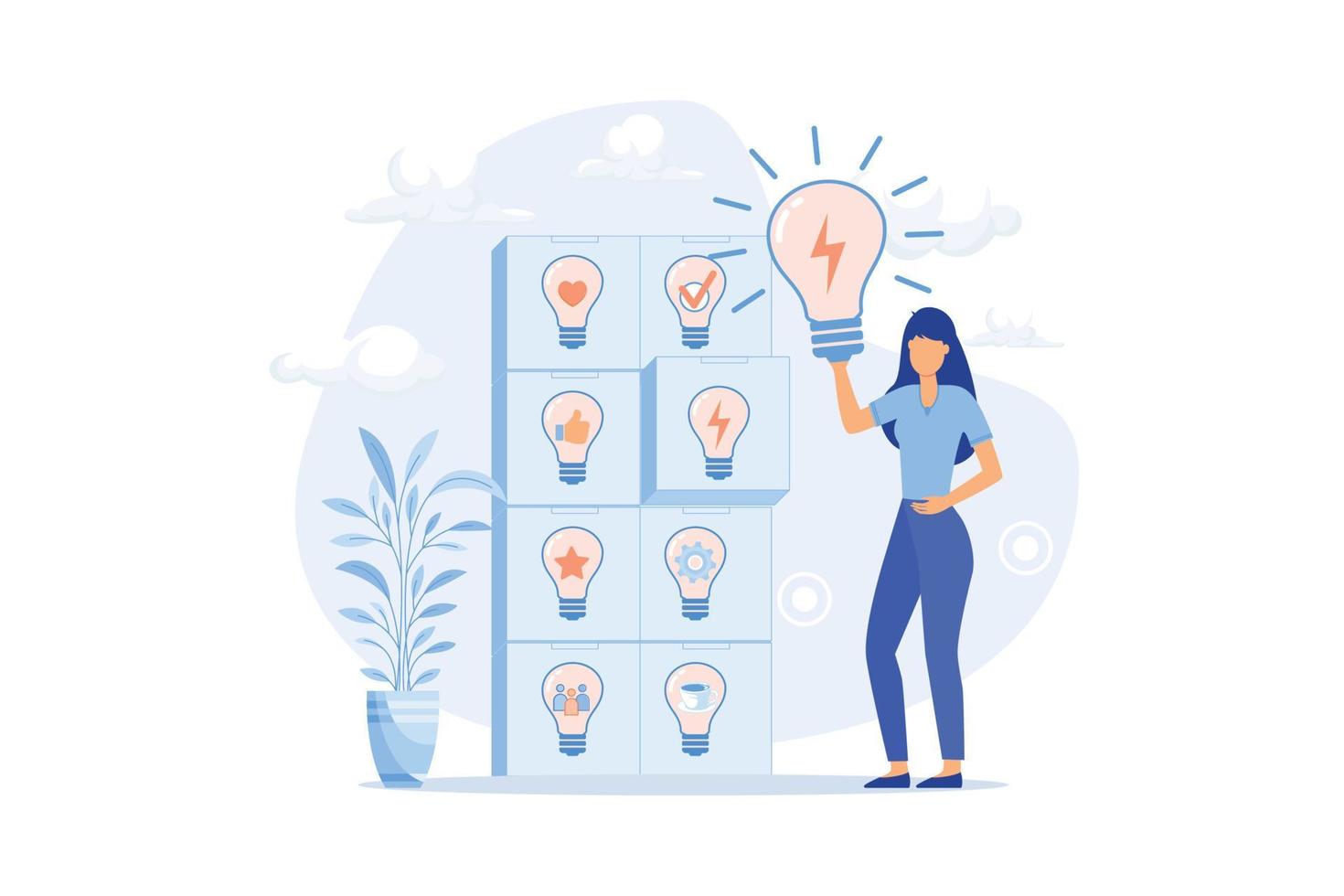 ideas and best option selection concept. Innovative brainstorming and finding right solution for business. girl thinks and develops new growth strategy. Modern flat illustration vector